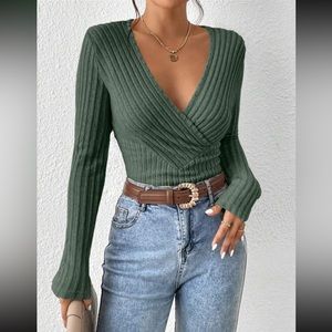 Ribbed Surplice Neck Slit Top